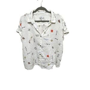 Sonoma Linen Blend Button Front Blouse Rolled Short Sleeves XXL-Whimsical Print